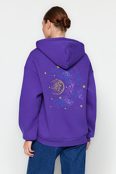 Trendyol Collection Μωβ χοντρό φλις εσωτερικά με κουκούλα εμπριμέ πλεκτή μπλούζα μεγάλου μεγέθους/ευρείας εφαρμογής TWOAW24SW00136