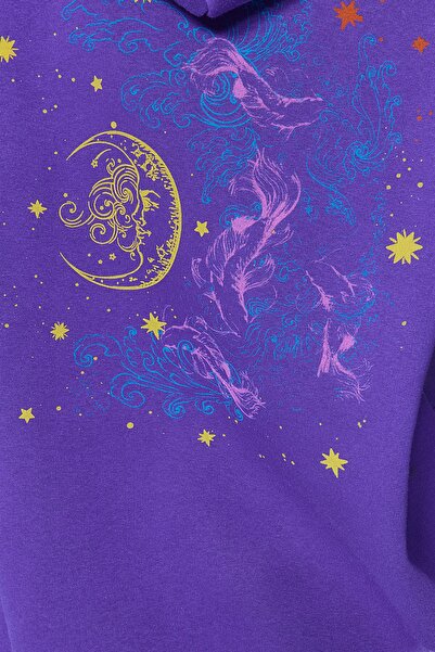 Trendyol Collection Μωβ χοντρό φλις εσωτερικά με κουκούλα εμπριμέ πλεκτή μπλούζα μεγάλου μεγέθους/ευρείας εφαρμογής TWOAW24SW00136