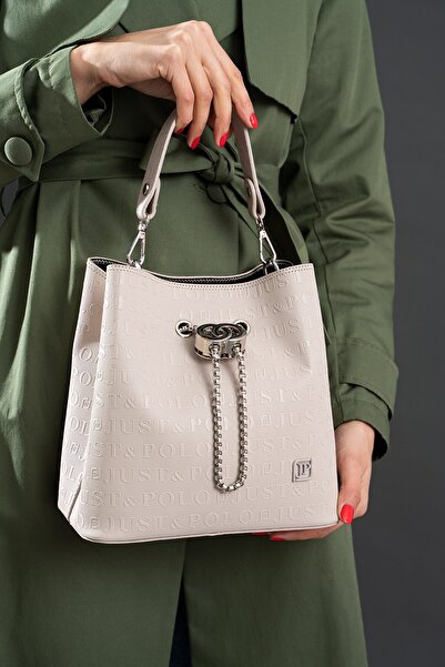 Just Polo حقيبة يد وكتف نسائية مكونة من 3 أقسام مطبوعة مونوغرام 4075 Stone-23