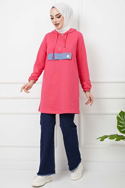 marwella Fermuarlı Kapüşonlu Tunik - Fuşya