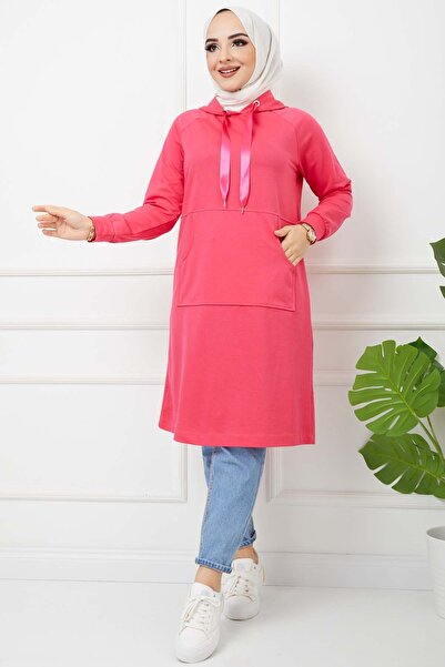 marwella Kapüşonlu Kanguru Cep Tunik - Fuşya