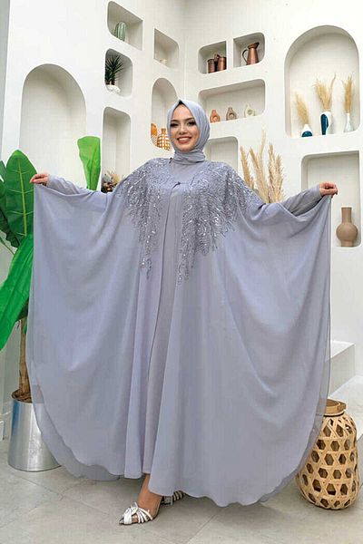 Bym Fashion طقم فستان سهرة من الشيفون المطرز بالأحجار 3773 رمادي