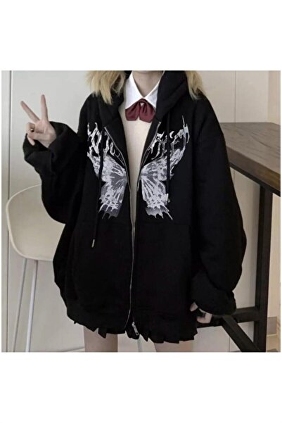 Touz Harajuku Butterfly Butterfly Printed Oversize Zippered Black Unisex Hood...