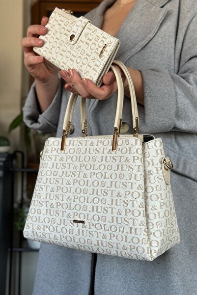 Just Polo حقيبة يد وكتف نسائية مكونة من 5 أقسام بلون كريمي، شحن سريع، منتج عا...