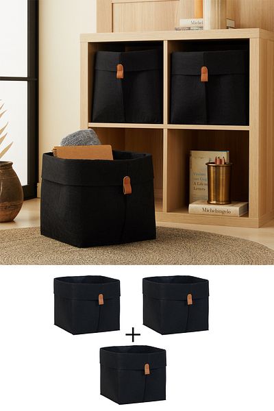 Ocean Home Textile Черен филцов органайзер за пране и играчки - 3 части, сгъваем кош за съхранение, 30x30x30