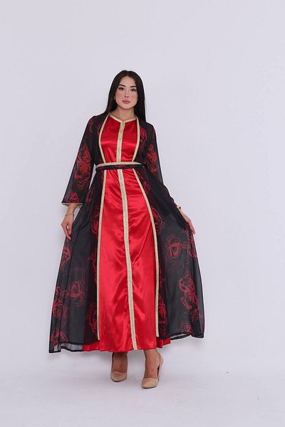 Zümrüt Rochie din satin în stil caftan și costum cardigan din șifon 1449
