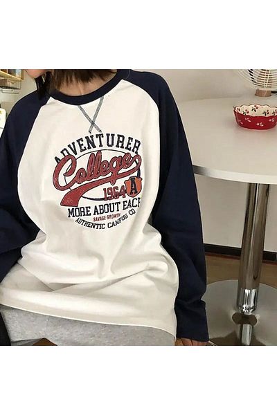 Köstebek Adventure College Navy Blue White Arm Detail Long Sleeve T-shirt
