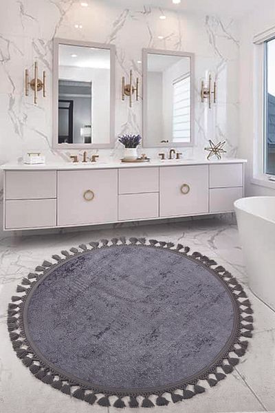 Bonny Home Nova Anthracite Στρογγυλό 160x160 cm Pompom με κρόσσια αντιολισθητική βάση που πλένεται στο πλυντήριο