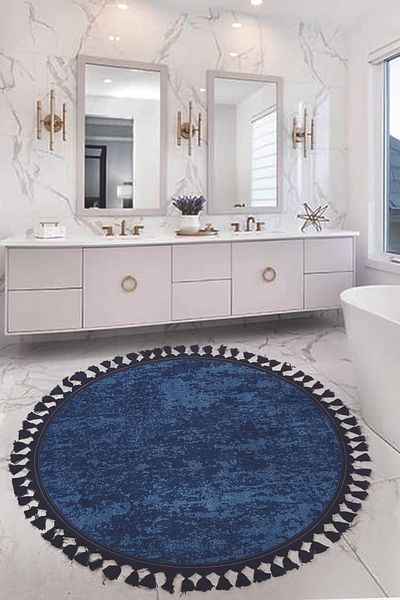 Bonny Home Nova Navy Blue Στρογγυλό 160x160 cm Pompom με κρόσσια αντιολισθητική βάση που πλένεται στο πλυντήριο