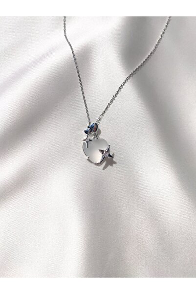 Evorya Kadın Paslanmaz Çelik Gümüş Renk Yıldızlı Soft Kalp Kolye