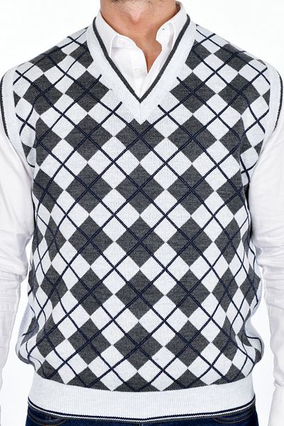 Kamalı Men's V-Neck White Plaid Knitwear Sweater - Thick, Non-Pilling, Regular Fit