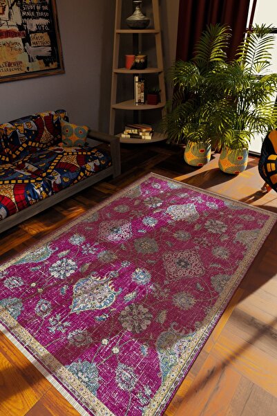 10 Post Online Klasik Eskitme fuşya Dijital Baskı Halı Kaydırmaz İnce Yıkanabilir