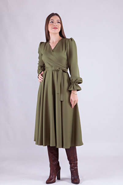 NO48 Χακί μίντι γυναικείο φόρεμα με διπλό στήθος με βολάν με μακρυμάνικο μανίκι με βολάν με ζώνη