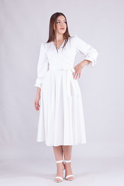 NO48 Beyaz Midi Boy Kadın Kruvaze Yaka Kol Ucu Fırfırlı Uzun Kol Kol Ucu Fırfırlı Kuşaklı Elbise