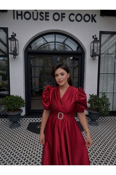 BAHARYAMAÇLI Women's Long Burgundy Balloon Sleeve Lavin Dress