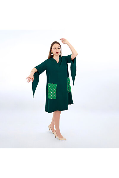 V yaka oversize midi krep elbise