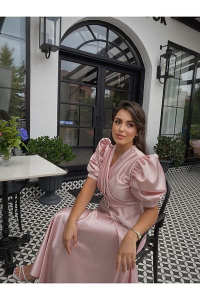 BAHARYAMAÇLI Women's Long Powder Pink Balloon Sleeve Lavin Dress