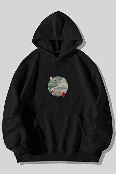 Totoro Anime Baskılı Unisex Siyah Kanguru Cepli Kapüşonlu Sweatshirt Hoodie