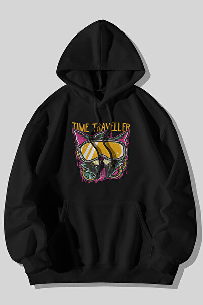 MELADYAN Time Traveler Cat Printed Unisex Black Kangaroo Pocket Hooded Sweats...