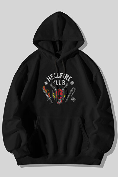 Stranger Things - Hellfire Club Baskılı Unisex Siyah Kanguru Cepli Kapüşonlu Sweatshirt Hoodie