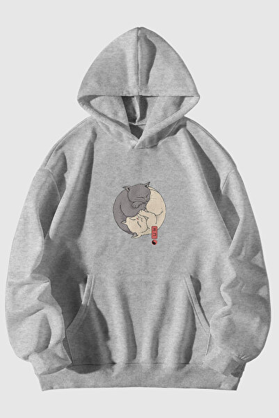 MELADYAN Ying Yang Cat Printed Unisex Gray Kangaroo Pocket Hooded Sweatshirt ...