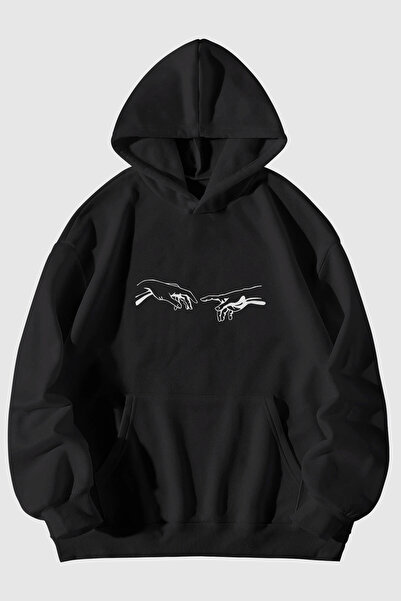 MELADYAN Creation of Adam - Hands Printed Unisex Kangaroo Pocket Hooded Sweat...