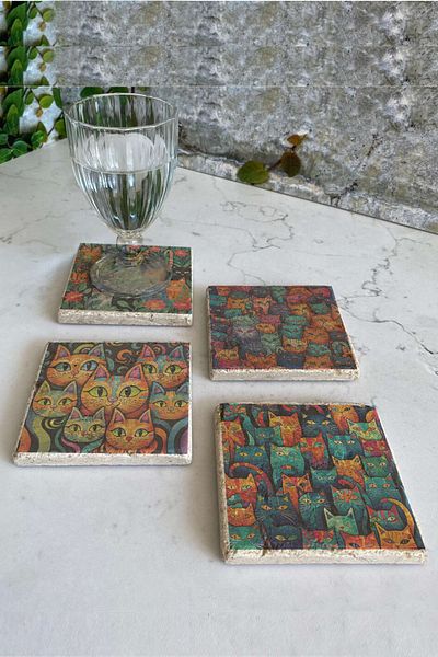 Gri Grafik Design Workshop Cats Theme Uv Printed Stone Coasters Set of 4 Mod-1