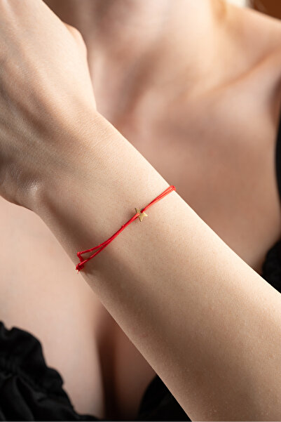 Nereze 925 Ayar Gümüş Rose Kırmızı İpli Ayarlanabilir Minik Yıldız Makrome Bi...