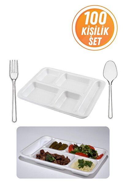 Eliz Party 100lü 5 Gözlü Tabldot Köpük Tabak, 100 Plastik Çatal, 100 Plastik Kaşık Set