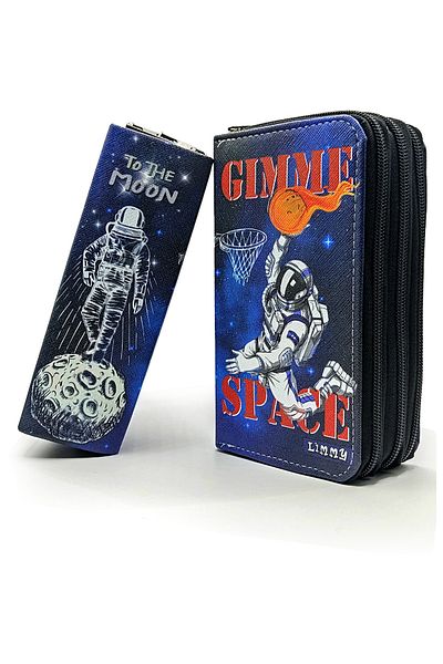 Limmy Μολυβοθήκη Μπάσκετ Αστροναύτης Space Pattern Organizer Θήκη μολυβιών Vegan Δερμάτινη θήκη για στυλό τριών θέσεων -