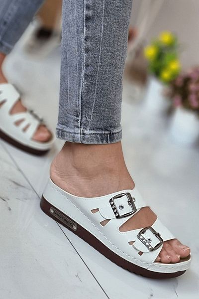İncim Orthopedic Sole High Heel Double Banded Daily Women's Slippers White Color
