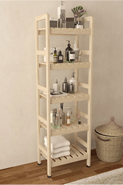 Parcea Modern Doğal Ahşap 5 Katlı Banyo Dolabı Banyo Rafı 144x45x30 cm