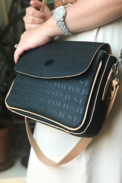 Just Polo حقيبة كتف نسائية بسلسلة خاصة مكونة من 5 أقسام وحزامين 4063 أسود أسم...