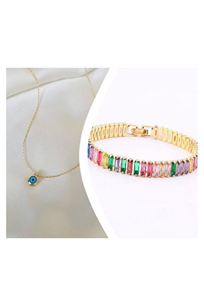 Everglow Jewelry Altın Kaplama Mavi Nazar Kolye & Bileklik Set