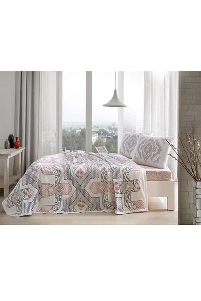 Taç Vanida Pink Printed Pique Set with Single Elastic 160 Cm X 230 Cm
