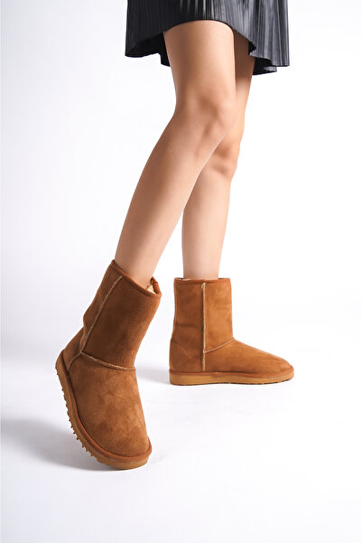 wefashion Kadın Orta Boy İçi Kürklü Taba Süet Düz Taban Bot