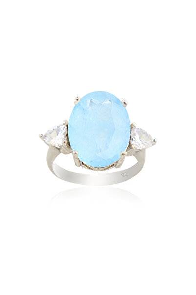 Silveranka 925 Ayar Gümüş Oval Paraiba Turmalin Kalp Detaylı Yüzük