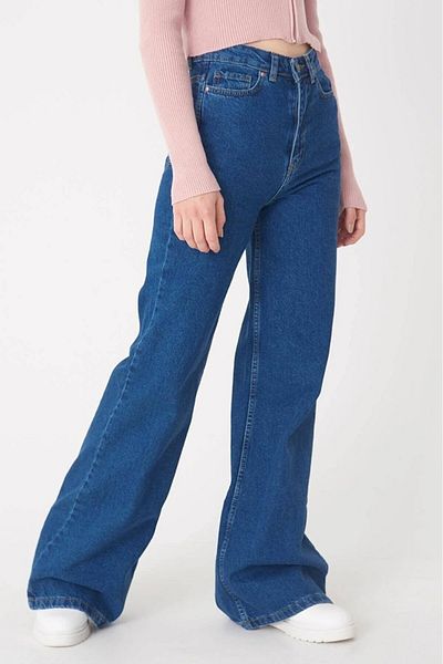 DRC trend Talya Casual Lycra Anii 90, care nu se estompează, albastru închis, talie înaltă, blugi largi, pantaloni Palazzo