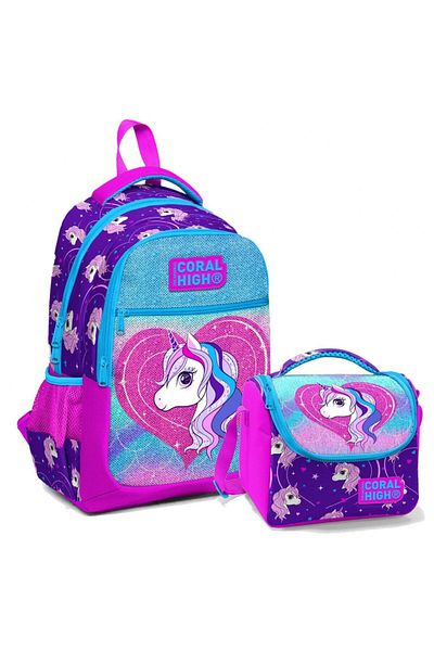 Coral High Set rucsac și geantă de prânz pentru școala primară - Fată Unicorn