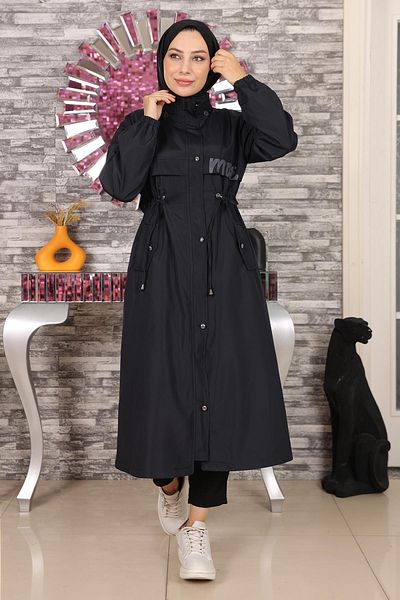 Modamihram Κείμενο Λεπτομερές παλτό με κουκούλα Navy Blue 15900