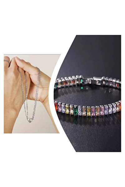 Everglow Jewelry مجموعة قلادة وسوار مزدوجة مغناطيسية على شكل قلب فضي فاخر
