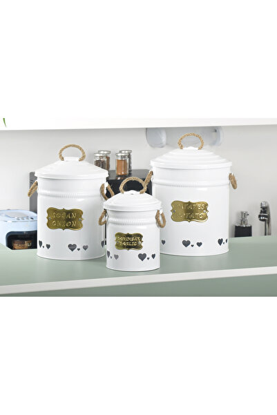 Yıldıray Metal 3'lü Beyaz Ferforje Patates Soğan Sarımsak Saklama Kutusu Kovası