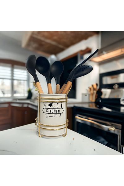 Akkoyunlu home Cream Colored Countertop Decorative Multi-Purpose Spoon Holder Box with Metal Stand