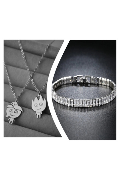 Everglow Jewelry مجموعة قلادة وسوار فضية فاخرة من النار والماء