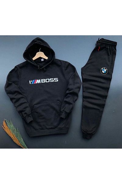 optimist sağdıç the original Φούτερ IMBoss Bmw με εμπριμέ μαύρη κουκούλα, μαύρη φόρμα με κουκούλα, σετ 2 τεμαχίων