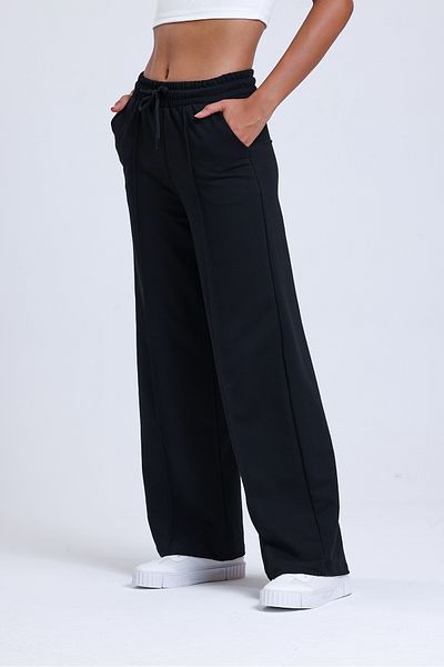 VOSSAX Women's Black Double Pocket Elastic Waist Loose Wide Leg Palazzo Sweatpants