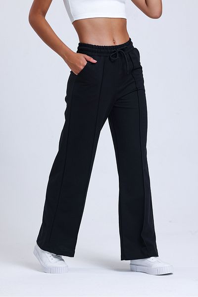 VOSSAX Women's Black Double Pocket Elastic Waist Loose Wide Leg Palazzo Sweatpants