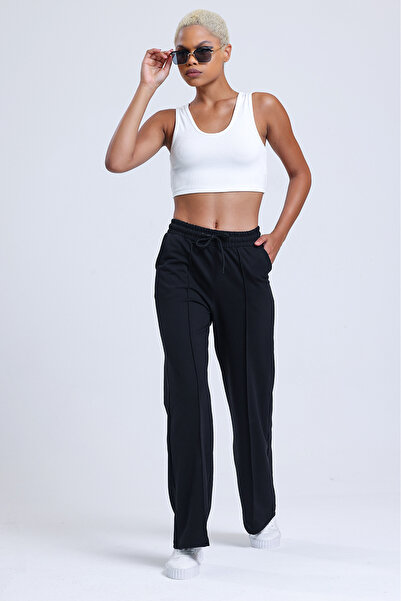 VOSSAX Women's Black Double Pocket Elastic Waist Loose Wide Leg Palazzo Sweatpants