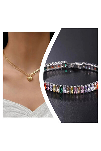 Everglow Jewelry مجموعة قلادة وسوار على شكل قلب بتصميم أوراق الشجر وسلسلة رفي...