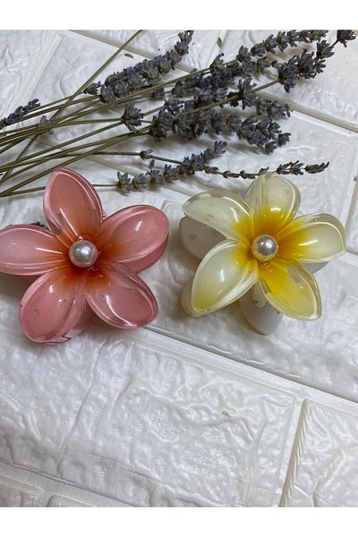 sema aksesuar 2 Pieces Pearled Lotus Flower Shiny Acrylic Women's Peg Buckle Set - Pearl Hibiscus Aloha Flower Buckle